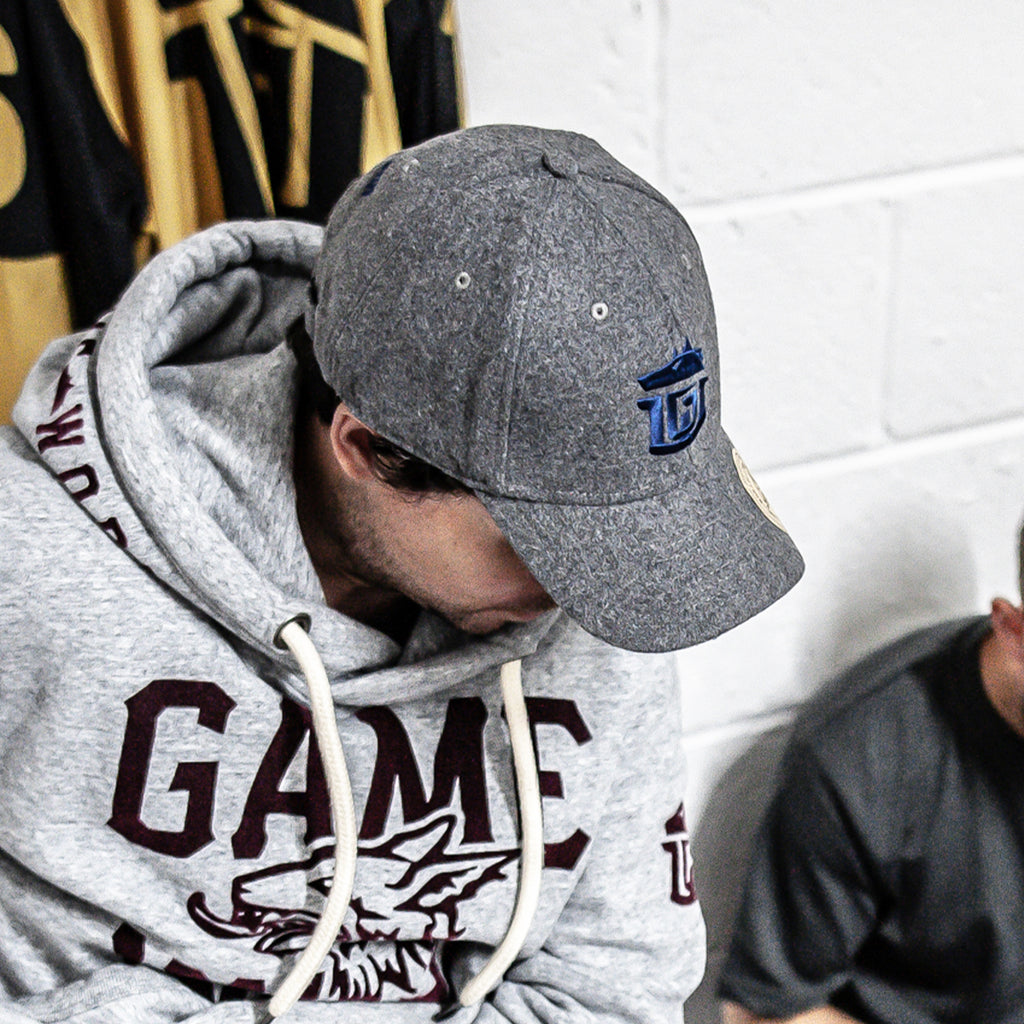 GAME-WORN® Melton Wool Ice Hockey Cap Heritage Grey with Blue