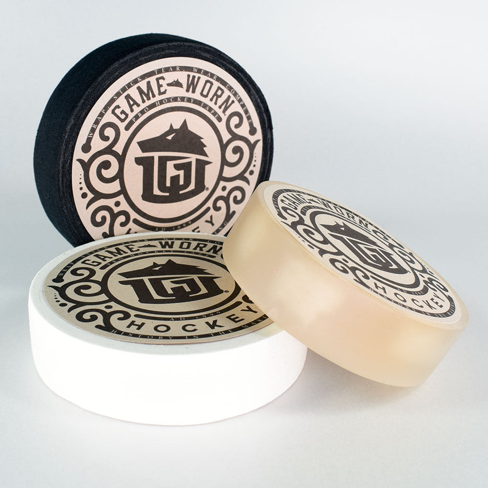 GAME-WORN® Ice Hockey Tape Bundle - Black and two Clear rolls